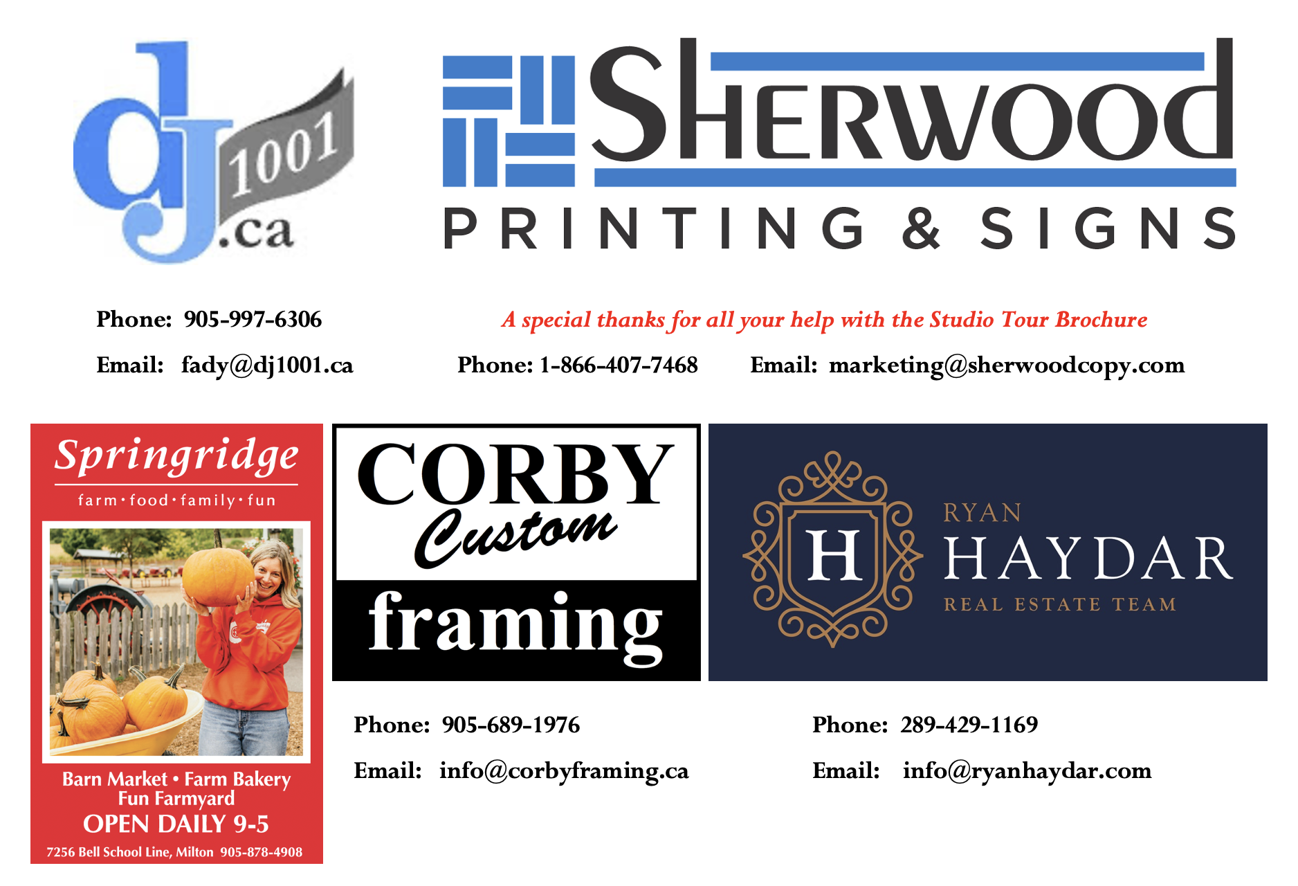 FASM Studio Art Tour 2024 Sponsors DJ1001, Sherwood Printing, Springridge Farm, Corby Printing, Ryan Haydar Real Estate collage of logos